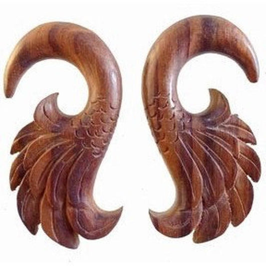Dangle Gauged Earrings and Organic Jewelry | 00 Gauge Earrings :|: Wings. Rosewood 00g, Organic Body Jewelry. | Wood Body Jewelry