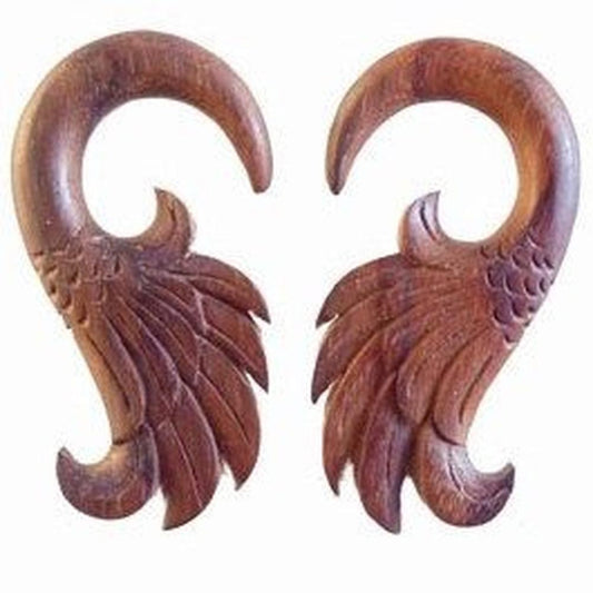 Carved Organic Body Jewelry | Wood Body Jewelry :|: Wings. 2 gauge, Rosewood Earrings. | Gauges