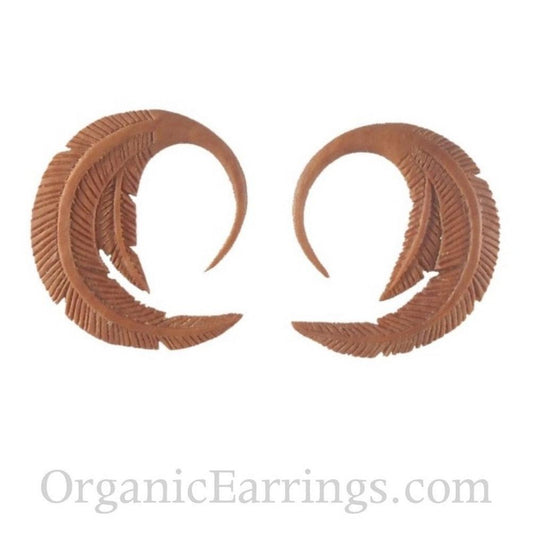 Dangle Gauges | Gauge Earrings :|: Feather. Fruit Wood 10g gauge earrings.