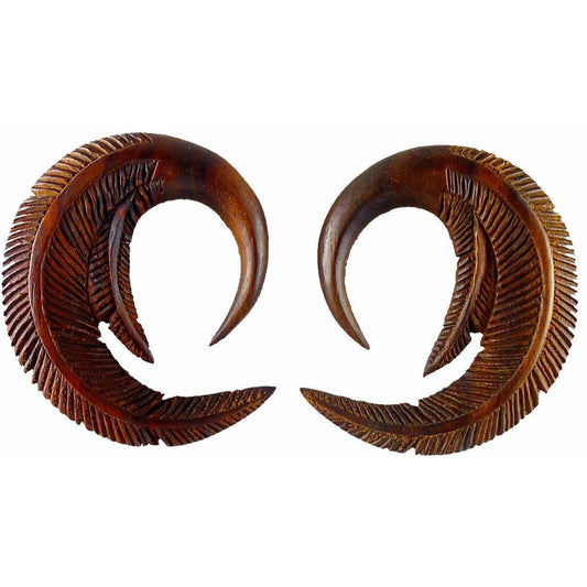 Carved Wood Body Jewelry | Body Jewelry :|: Feather. Tropical Wood 00g gauge earrings.