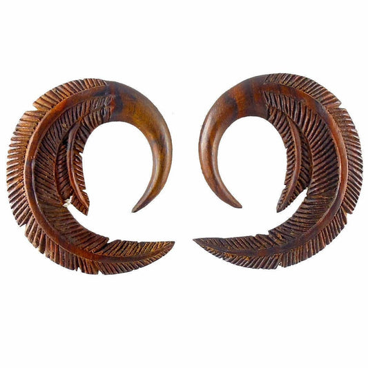 Brown Tribal Body Jewelry | Gauges :|: Feather. 2 gauge Rosewood Earrings. 1 3/4 inch W X 2 inch L | Wood Body Jewelry