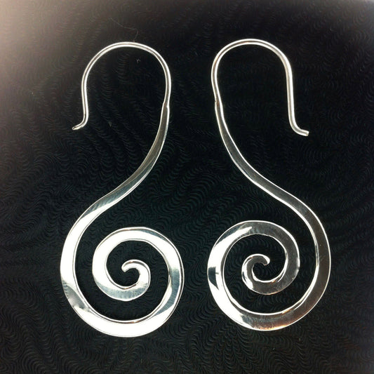 Silver Spiral Jewelry | Tribal Earrings :|: Drop Spiral. sterling silver, 925 tribal earrings.
