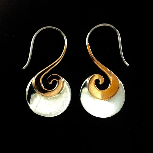 Borneo Spiral Jewelry | Tribal Earrings :|: Lined Spiral. sterling silver with copper highlights earrings.
