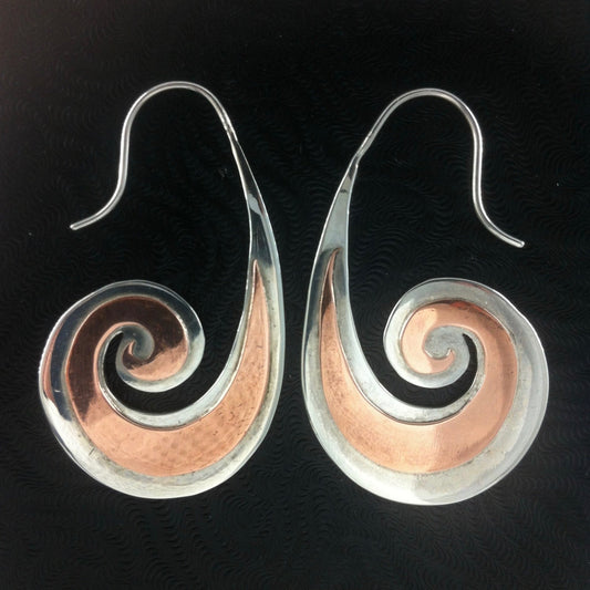 Metal Natural Earrings | Tribal Earrings :|: Heavy Spiral. sterling silver with copper highlights earrings.