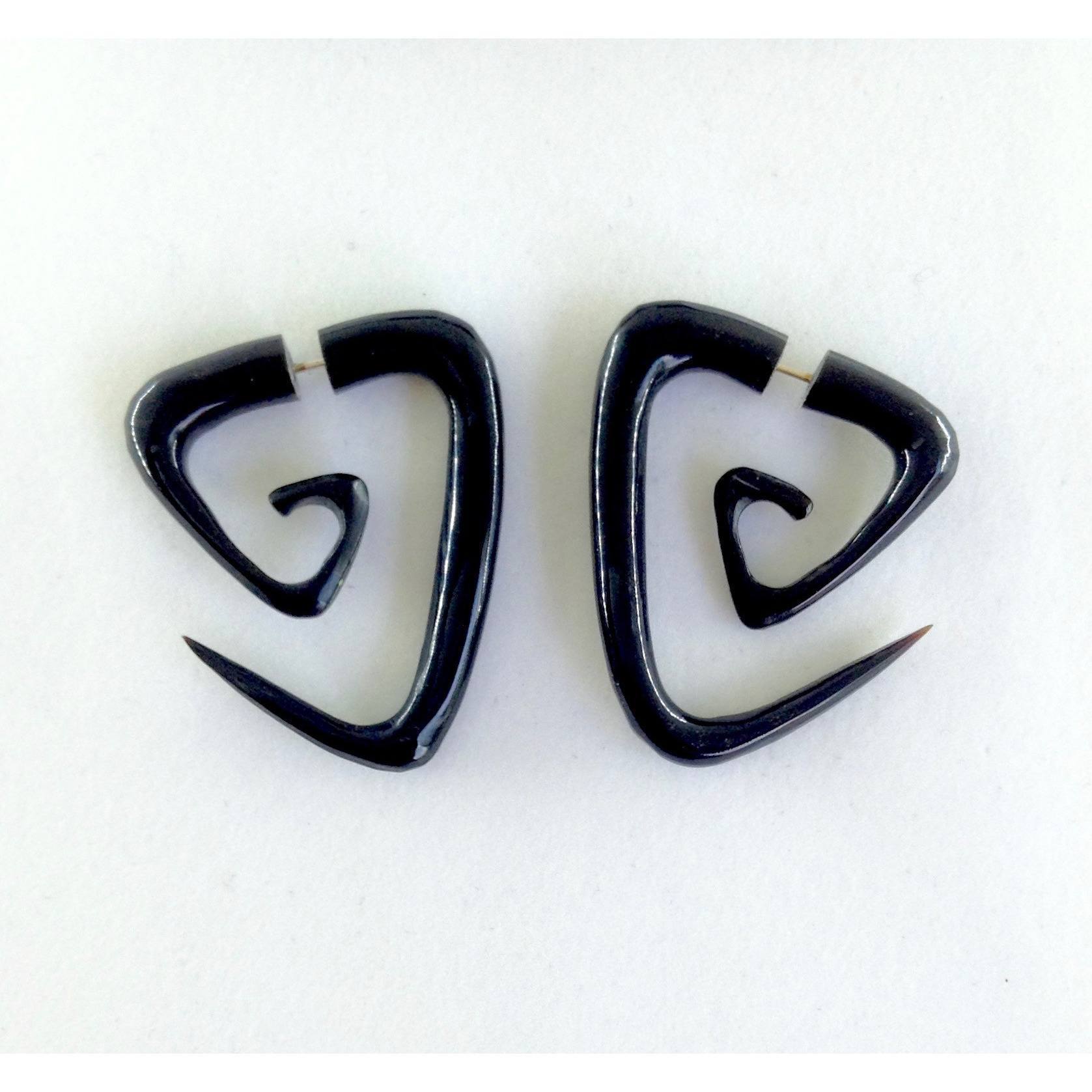 Fake Gauges :|: Island Triangle Spiral tribal earrings, medium. Horn.