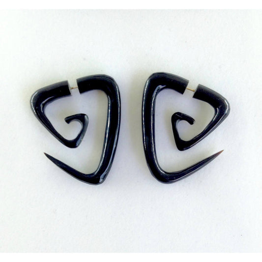 Faux gauge Carved Jewelry and Earrings | Fake Gauges :|: Island Triangle Spiral tribal earrings, medium. Horn.