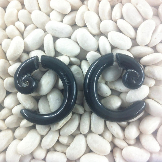 Buffalo horn Natural Earrings | Fake Gauges :|: Spiral Hoop tribal earrings. Horn.
