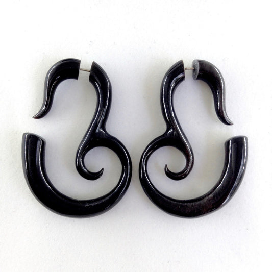 Horn Stick and Stirrup Earrings | Fake Gauges :|: Island Inner Spiral tribal earrings. Horn.