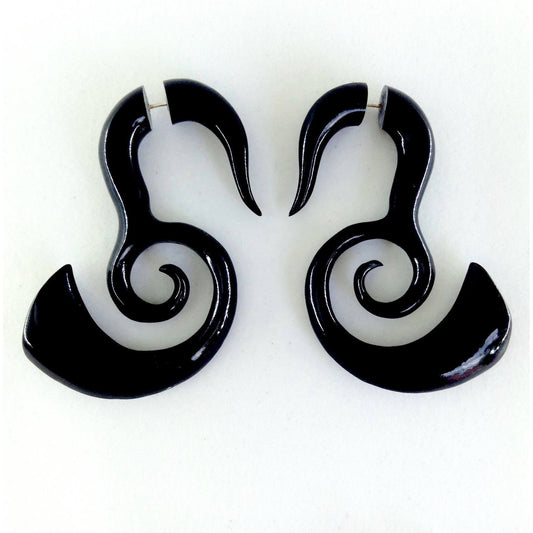 Tribal Carved Jewelry and Earrings | Fake Gauges :|: Deep Inward Spiral drops. Tribal Earrings.