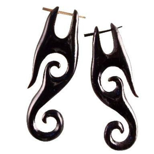 Black Stick and Stirrup Earrings | Horn Jewelry :|: Drop Earrings. Black Horn. Spiral Jewelry. | Horn Earrings