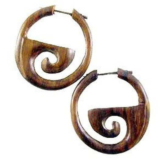 Carved Wooden Hoop Earrings | Wood Earrings :|: Inner Spiral Hoops. Rosewood Earrings., 1 1/2 inch W x 1 1/2 inch L. | Wooden Hoop Earrings