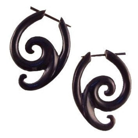 Buffalo horn Spiral Jewelry | Horn Jewelry :|: Swing Spiral. Black Earrings.