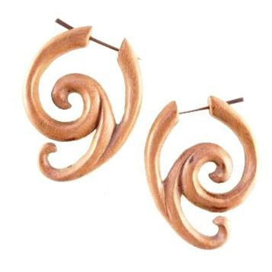 Metal free Carved Earrings | Natural Jewelry :|: Swing Spiral. Wood Earrings.
