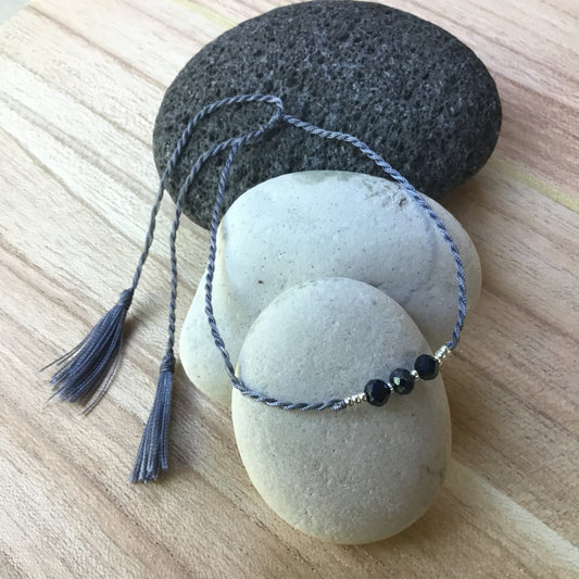 Strand Stackable Bracelet | Boho bead bracelet, grey tassel.