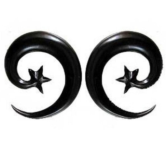 Horn Nature Inspired Jewelry | Body Jewelry :|: Black star spiral, 00 gauge earrings