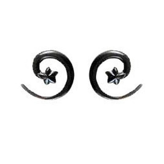 Buffalo horn Nature Inspired Jewelry | Gauge Earrings :|: Black star spiral, 6 gauge earrings