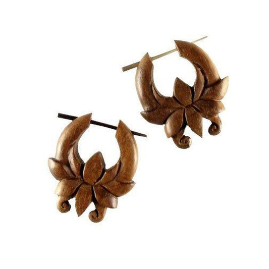 Hibiscus wood Stick and Stirrup Earrings | Natural Jewelry :|: Chocolate Flower, Hibiscus. Tribal hoop earrings.