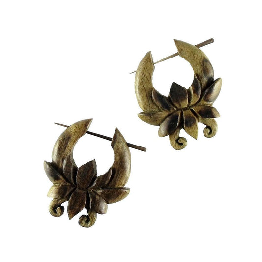 Black Wooden Earrings | Natural Jewelry :|: Chocolate Flower, Green Hibiscus. Wood Earrings. Tribal Jewelry. | Wooden Earrings