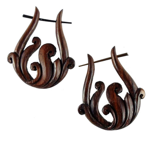 Metal free All Wood Earrings | Natural Jewelry :|: Spring Vine, Wooden. Tribal Hoop Earrings.