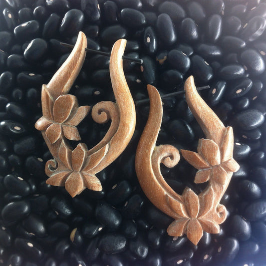 Sapote wood Carved Earrings | Natural Jewelry :|: Lotus Vine hoop. Wood Earrings.Tribal Asian Jewelry.