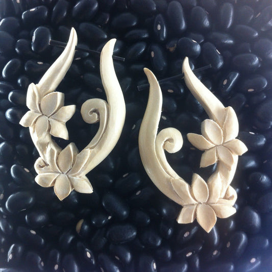 Water lily Stick and Stirrup Earrings | Natural Jewelry :|: Lotus Vine hoop. Bone Earrings. Light color. 