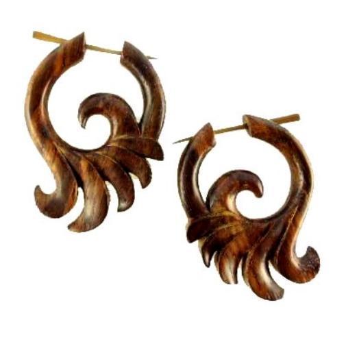 20g Wave Earrings | Spiral Jewelry :|: Ocean Wings, Rosewood. Tribal Hoop Earrings. Wooden Jewelry. Natural. | Wood Earrings