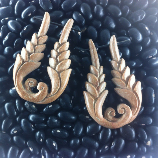 Metal free Wooden Earrings | Athens. Wooden Earrings. Ornate Tribal Long Hoops