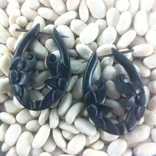 Long Carved Jewelry and Earrings | Natural Jewelry :|: Moon Flower, black. Wood Earrings.
