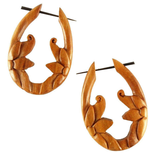 Long Carved Jewelry and Earrings | Natural Jewelry :|: Moon Flower. Tribal Earrings, wood. 