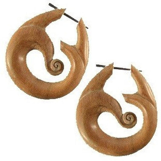 Wood peg Large Hoop Earrings | Natural Jewelry :|: Island Totem. Wood Earrings. Spiral Jewelry.