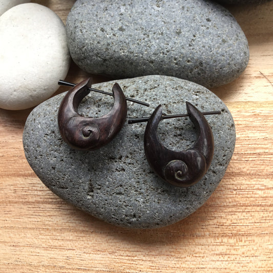 Round Carved Earrings | tribal hoop earrings, wood.