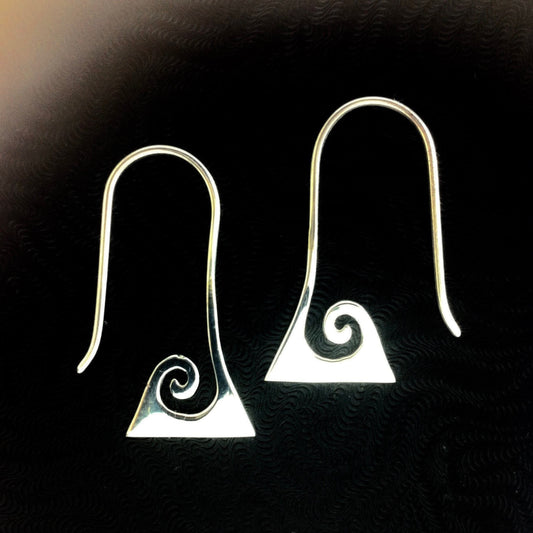 Silver Spiral Jewelry | Tribal Earrings :|: Triangle Curve. sterling silver, 925 tribal earrings.