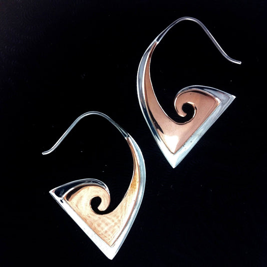 Borneo Spiral Jewelry | Tribal Earrings :|: Curved Angle. sterling silver with copper highlights earrings.