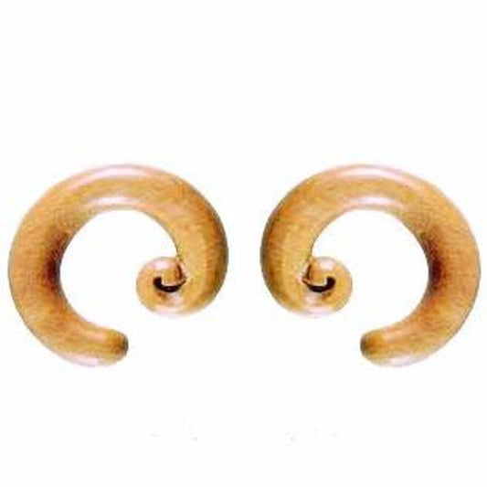 Unisex All Wood Earrings | 00 Gauge Earrings :|: Spiral Hoop. Sapote Wood 00g, Organic Body Jewelry. | Wood Body Jewelry
