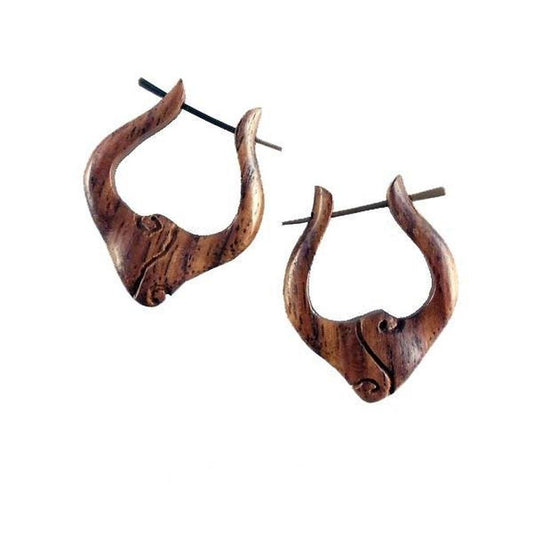 Carved Wooden Hoop Earrings | Natural Jewelry :|: Nouveau Drop Hoops, Rosewood Earrings, 7/8 inch W x 1 1/8 inch L. | Wooden Hoop Earrings