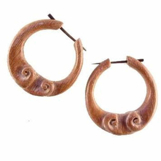 Carved Wood Hoop Earrings | Natural Jewelry :|: Tribal Earrings, wood. 1 1/2 inch W x 1 1/2 inch L. | Wood Hoop Earrings