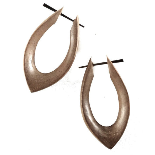 Sculpted Wooden Hoop Earrings |  Long pointed Hoop Earrings. Hibiscus Wood