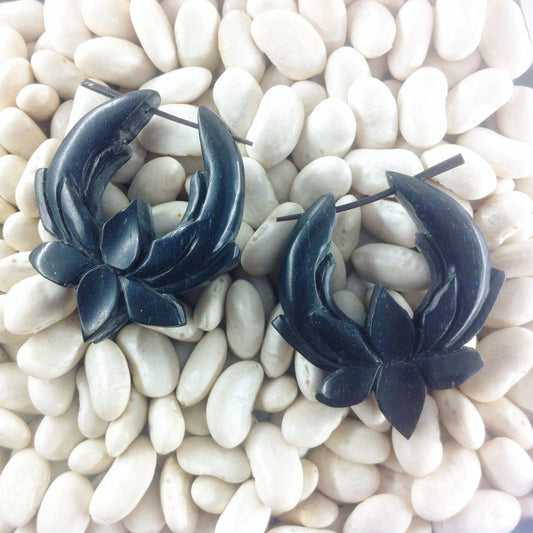 Black Stick and Stirrup Earrings | Black Earrings :|: Black Lotus Hoop Earrings. Metal-free hypoallegenic jewelry. wooden.