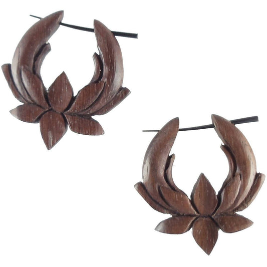 Lotus Carved Jewelry and Earrings | Lotus Earrings :|: Lotus Hoop Earrings. Metal-free earrings. wood. a