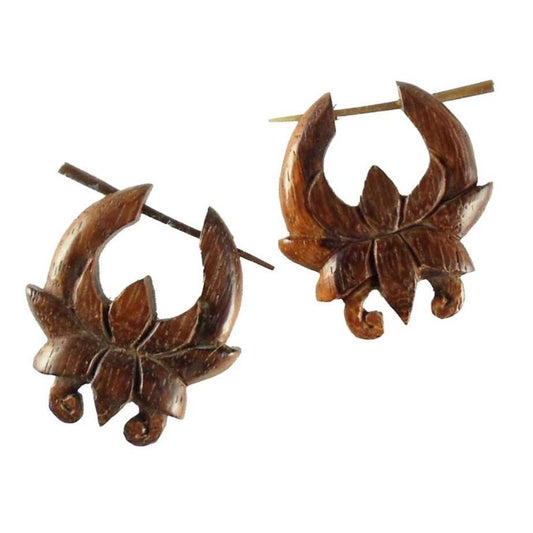 Lotus All Wood Earrings | Hypoallergenic Earrings :|: Chocolate Flower. Hoop Earrings. 