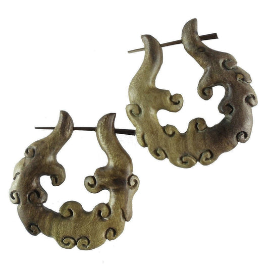 Large Hoop Earrings | Wooden Jewelry :|: Cloud. Green Hibiscus. Wooden Hoop Earrings.