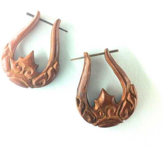 Sapote wood Carved Jewelry and Earrings | Natural Jewelry :|: Scepter. Wood Earrings.