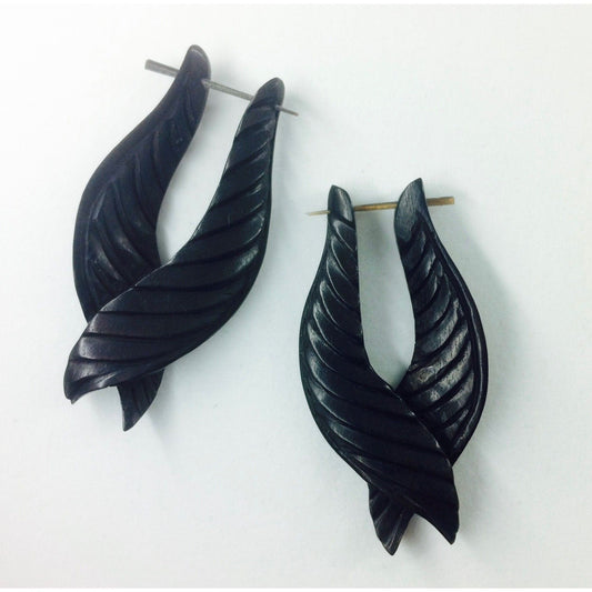 Tribal Stick and Stirrup Earrings | Natural Jewelry :|: Feathered Twist. Black. Wooden Earrings. | Wooden Earrings