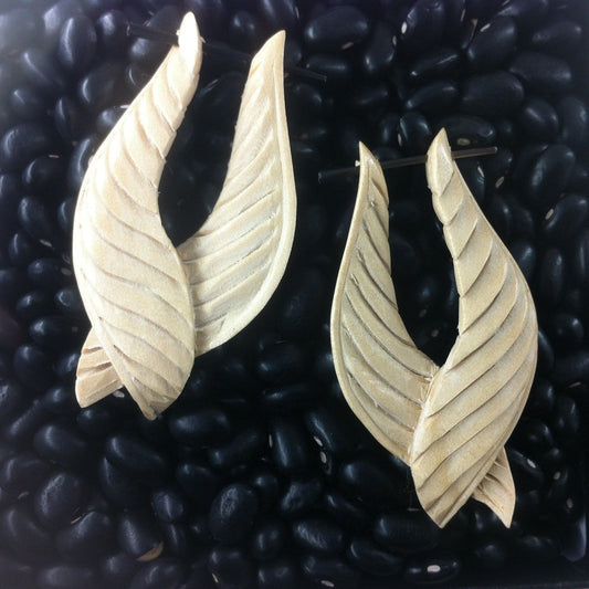 Long Hawaiian Wood Jewelry | Wood Earrings :|: Feathered Twist. Light Wood Earrings.