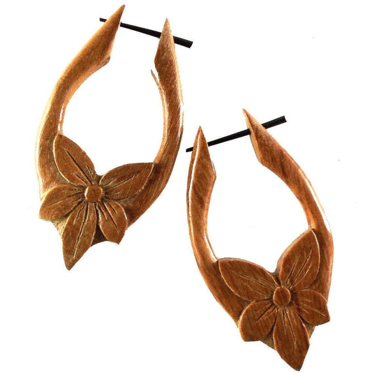 Nature inspired Wood Hoop Earrings | Natural Jewelry :|: Star Flower, Tribal Earrings, wood. 1 1/8 inch W x 2 inch L | Wood Hoop Earrings