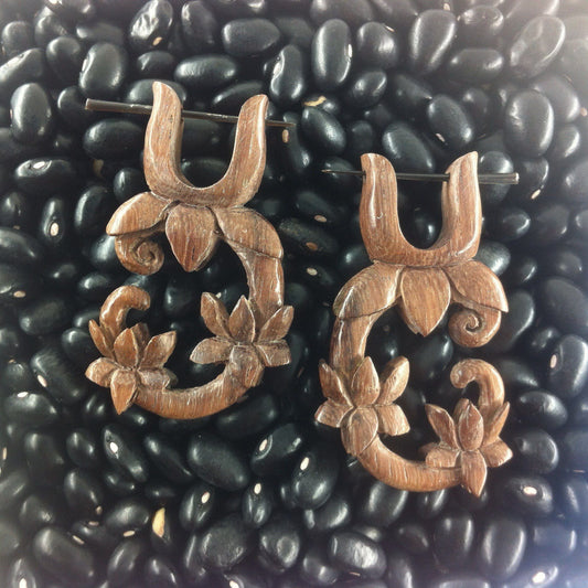Rosewood Carved Jewelry and Earrings | Natural Jewelry :|: Lotus Vine. Wood Earrings.