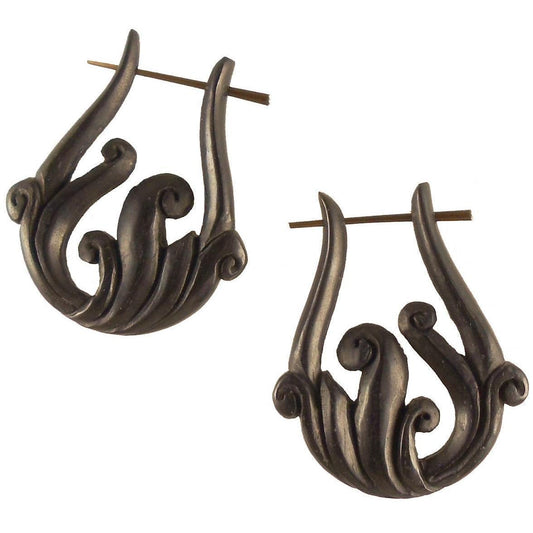 Hoop Carved Jewelry and Earrings | Natural Jewelry :|: Spring Vine. Black Wood Earrings. 