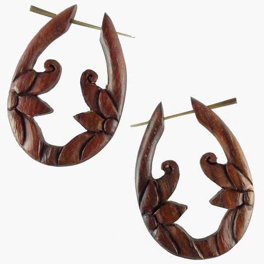 Piercing Wooden Hoop Earrings | Natural Jewelry :|: Moon Flower. Wooden Hoop Earrings, Rosewood. 1 1/4 inch W x 1 3/4 inch L. | Wooden Hoop Earrings