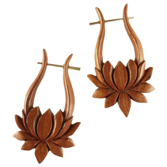 Dangle Carved Jewelry and Earrings | Post Earrings :|: Lotus. Tribal Earrings, wood.