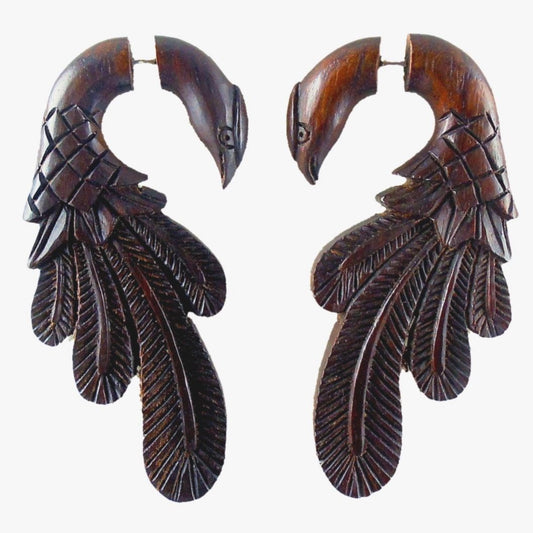 Split gauge Custom Wood Jewelry | Fake Gauges :|: Peacock Pheasant. Fake Gauges. Natural Rosewood, Wood Jewelry. | Tribal Earrings